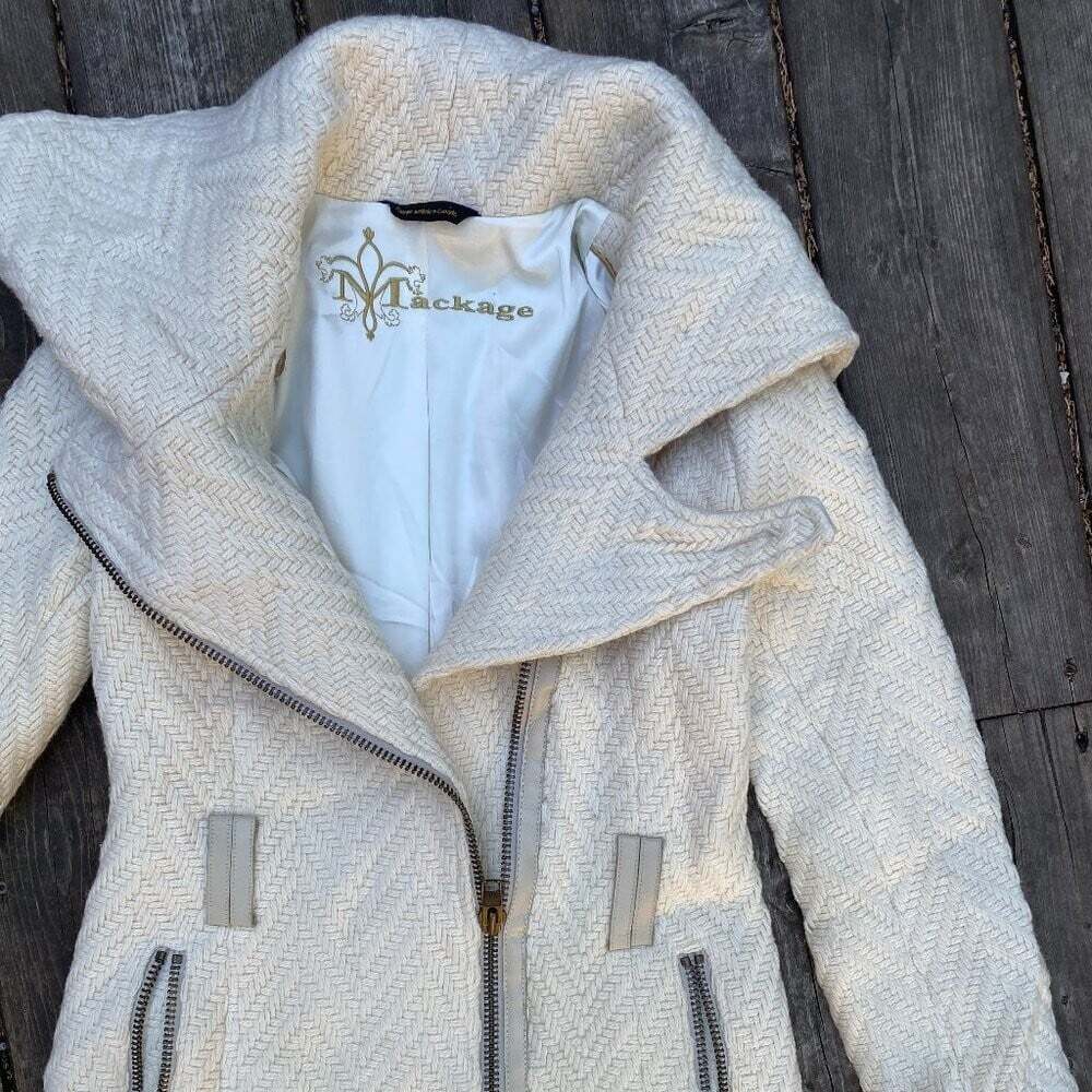 Vintage Mackage Virgin Wool Quilted Asymmetrical Collar Coat Jacket Cream Small